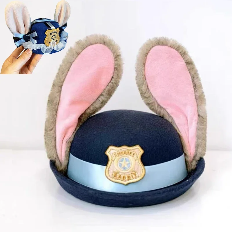 

Halloween Bunny Ear Bowler Hat Cosplay Anime Rabbit Sheriff Costumes Props Kawaii Bendable Ear Hats Captain Police Fancy Caps
