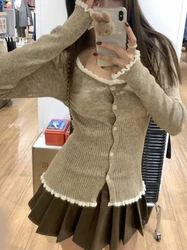 Korean Fashion Long Sleeve Cardigan Tops Autumn Spring Sweater 90s Vintage Knit Mori Girl Square Collar Lace Spliced Knitwears