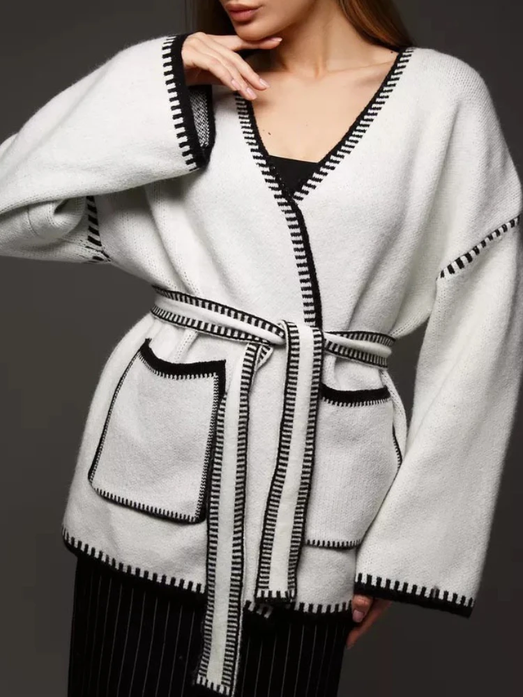 

American Lazy Style Cardigan V Neck Pockets Lace-up Contrast Color Sweaters Casual Loose Knit Tops Vintage Design Women Clothing