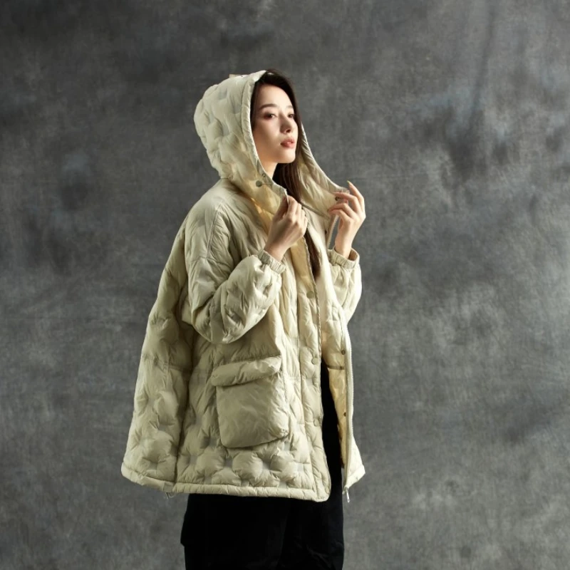 Fall and Winter New Woman Coat Short Light Down Jacket Hooded Warm Simple Literary Retro Style Loose White Duck Down Thin Coat