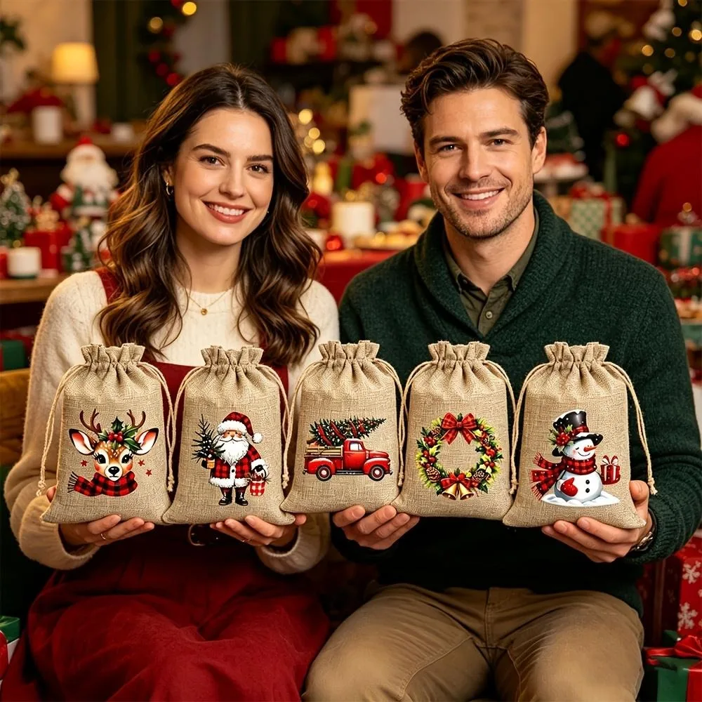 Christmas Burlap Drawstring Design Gift Bags Reusable Favors Packaging Bags for Candy Treats Holiday Party Decor Gift Bags 12PCS