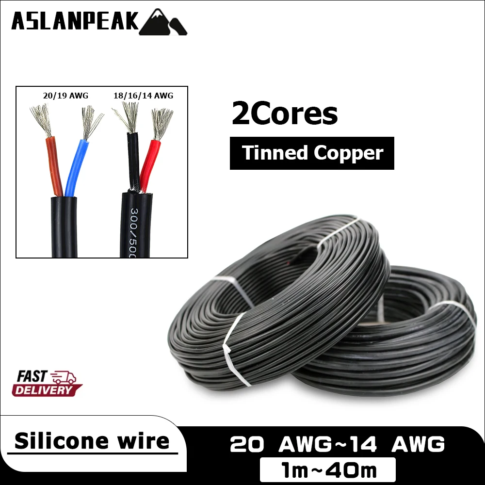 Fio de silicone de 2 núcleos 20-14awg 1-40m cabo de jaqueta preta fio de extensão elétrica de silicone cabo de extensão de fonte de alimentação super macio