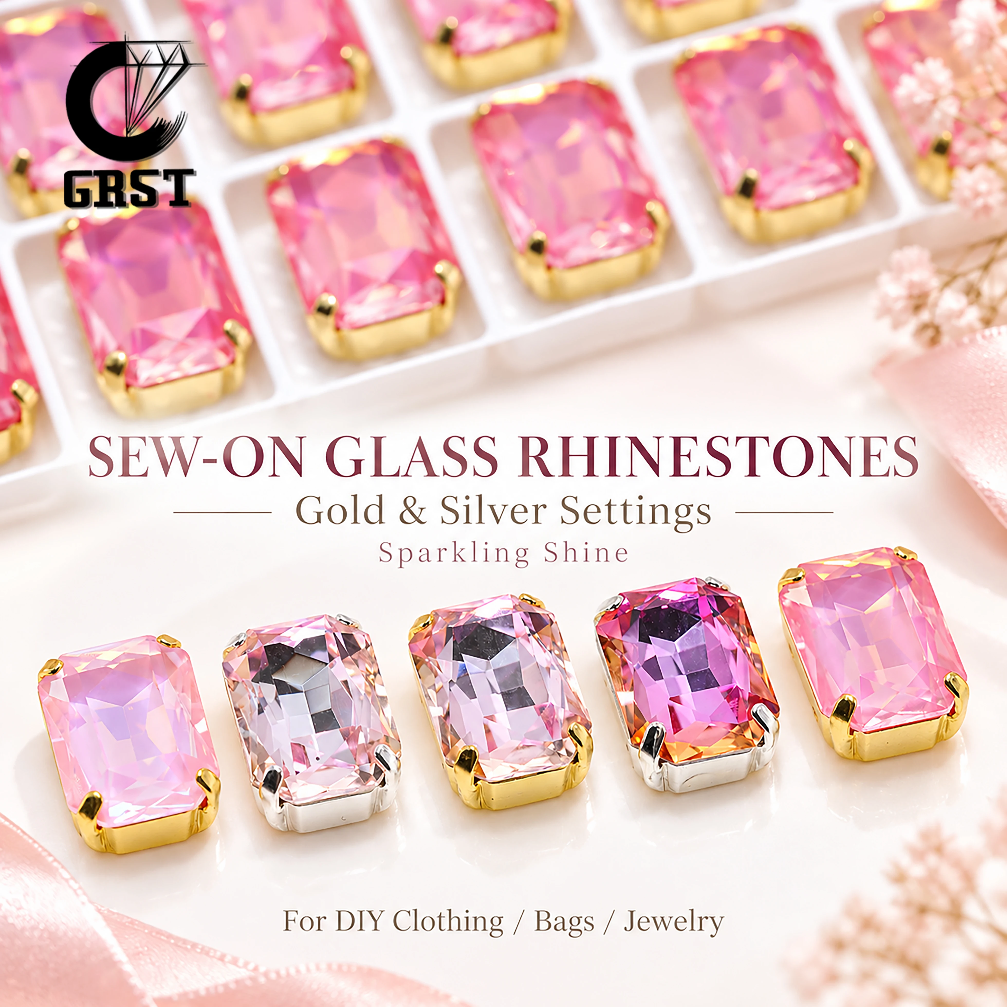 10x14 Rectangle Pink Glass Sew On Rhinestones, Claw Setting Gold/Silver Base Crystal, For Bridal Dress, Dance Costume DIY GRST
