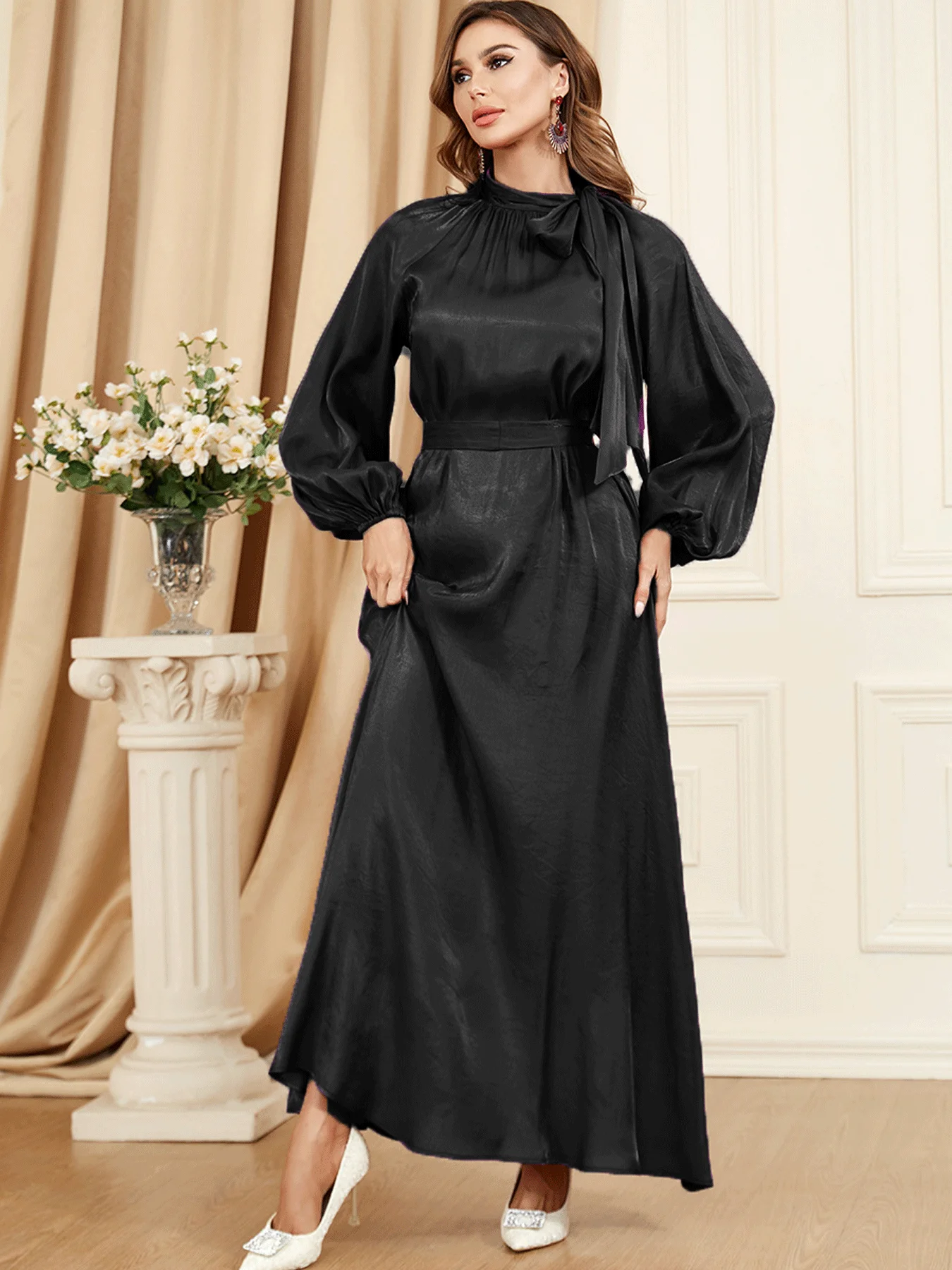 Shining Tie Neck Loose Modest Abaya Elegant Bishop Sleeve Belted Maxi Long Dress Dubai Islamic Clothing  Islam Muslim