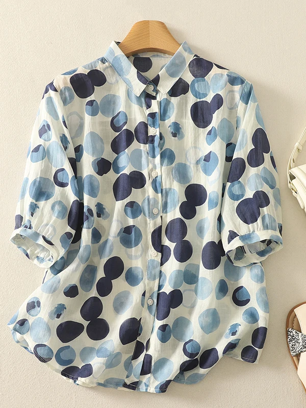 

Blue Polka Dot Watercolor Print Loose Women's irt Large Size Fre Sle Casual Top Button Detail Regular Sve Length