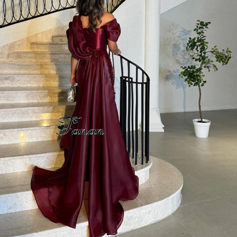 Customized Simple Burgundy Flower Appliques Straight Satin Evening Dresses Watteau Train Floor Length Formal Pageant Gowns