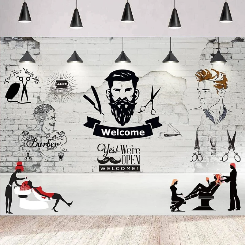 Barbershop Party Photography Backdrop Hair Salon Tools Set Picture Hairstylist Shave Background Brick Wall Birthday Party Decor