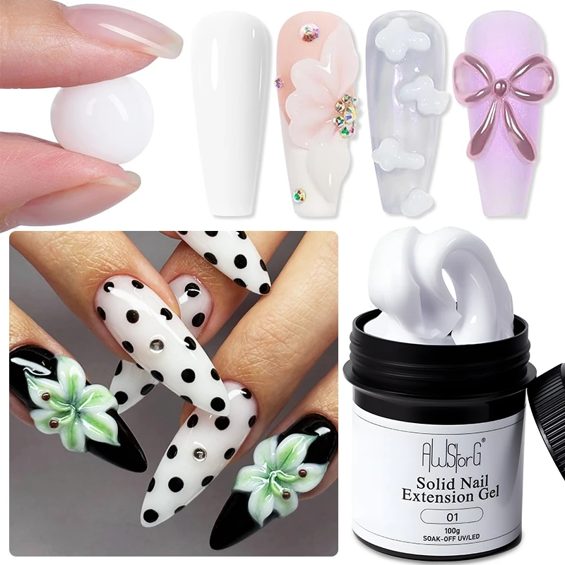 

AWStorG 1/2Pcs 100g Non-Stick Hand Solid Nail Extension Gel -Clear Pink White Prolong Hard Gel 3D Carving Flower Nail Art