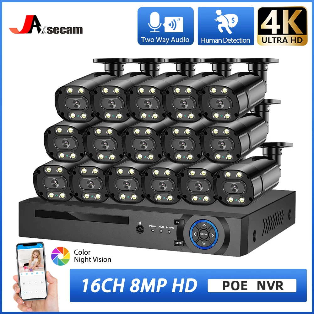 

4K POE CCTV Camera Security System Kit 16CH NVR Kit Full Color Night Vision IP Camera Video Surveillance Two Way Audio System