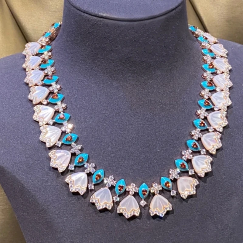 Bellux 925 Sterling Silver Rose Gold Synthetic Turquoise White Shell Water Drop Ruby Luxury Vintage Banquet Fine Necklace