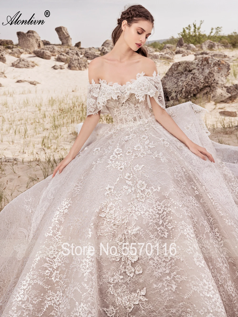 Alonlivn encantador encaje sin tirantes Puff vestido de baile vestido de Boda de Princesa Novias mangas con hombros descubiertos vestidos de novia de cola catedral