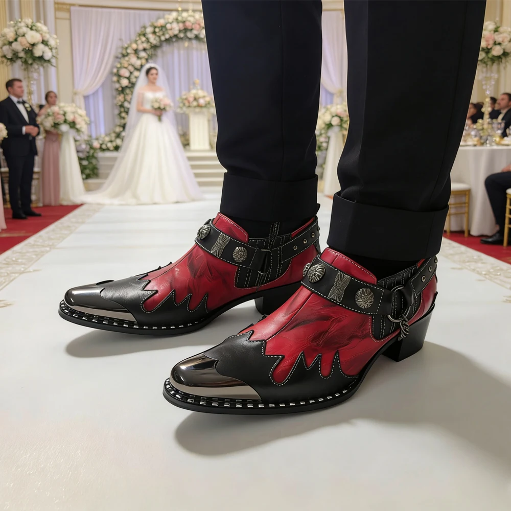 Men Women Genuine Leather Punk‑Gothic Ankle Boots Metal‑Toe Rivet Decor Footwear For Music Festival Party Occasions
