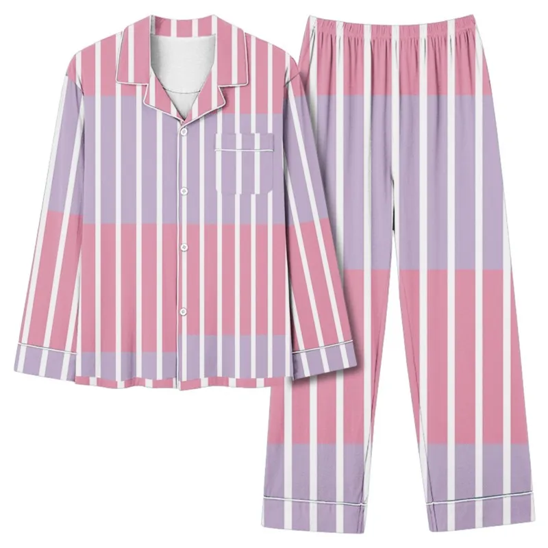 Two Piece Set For Women 2024 New Striped Print Spring Autumn Pajamas Comfortable Loose Elegant Homewear Pocket Top And Long Pant