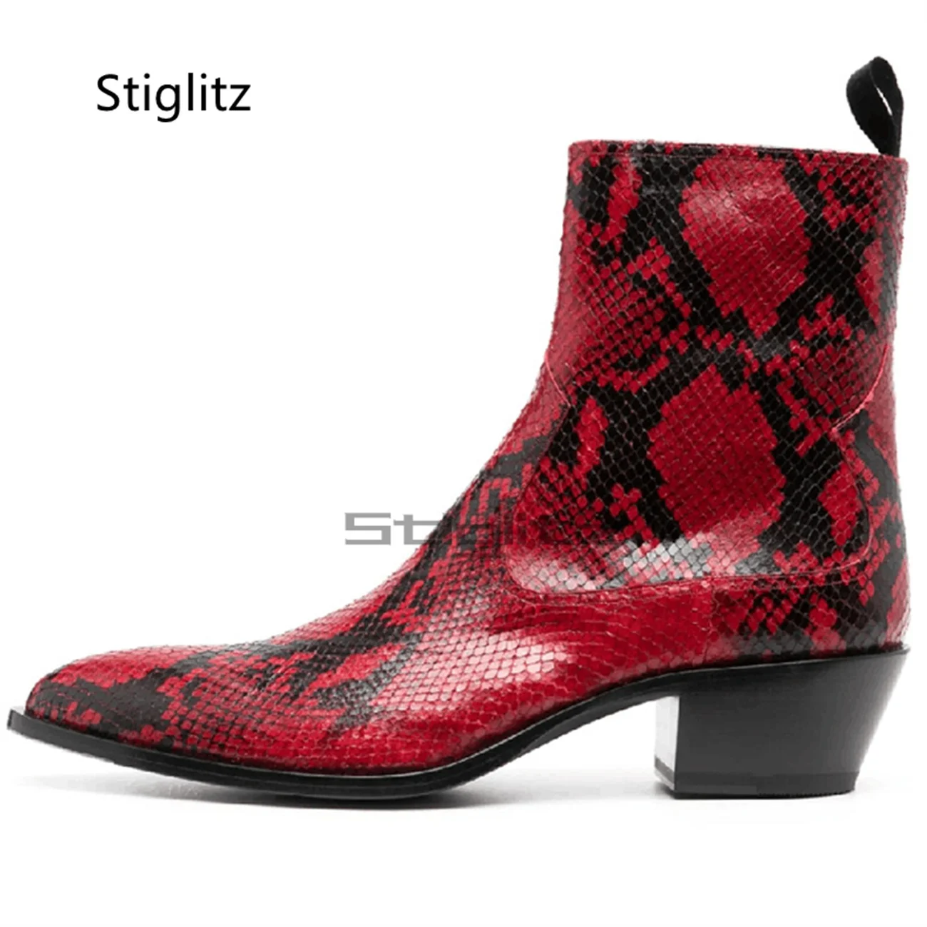 

Snake Pattern High Heel Chelsea Boots Men's Genuine Leather Prints Pointed Toe Boots Yellow Red Mixed Colors Business Shoes