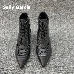 Black Genuine Leather Stiletto Mid Heel Short Boots Christmas Wild Cross Tied Sexy Women Boots Solid Pointed Toe Casual Shoes