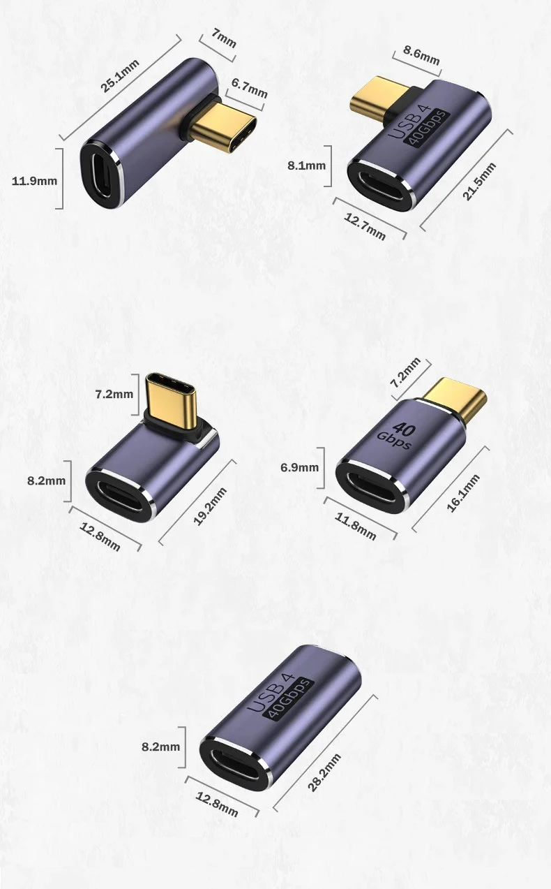 USB C Converter Thunderbolt Type C Adapter USB 4.0 Female to Male Right Angle Elbow USBC Earphone Audio Data Charge Extender