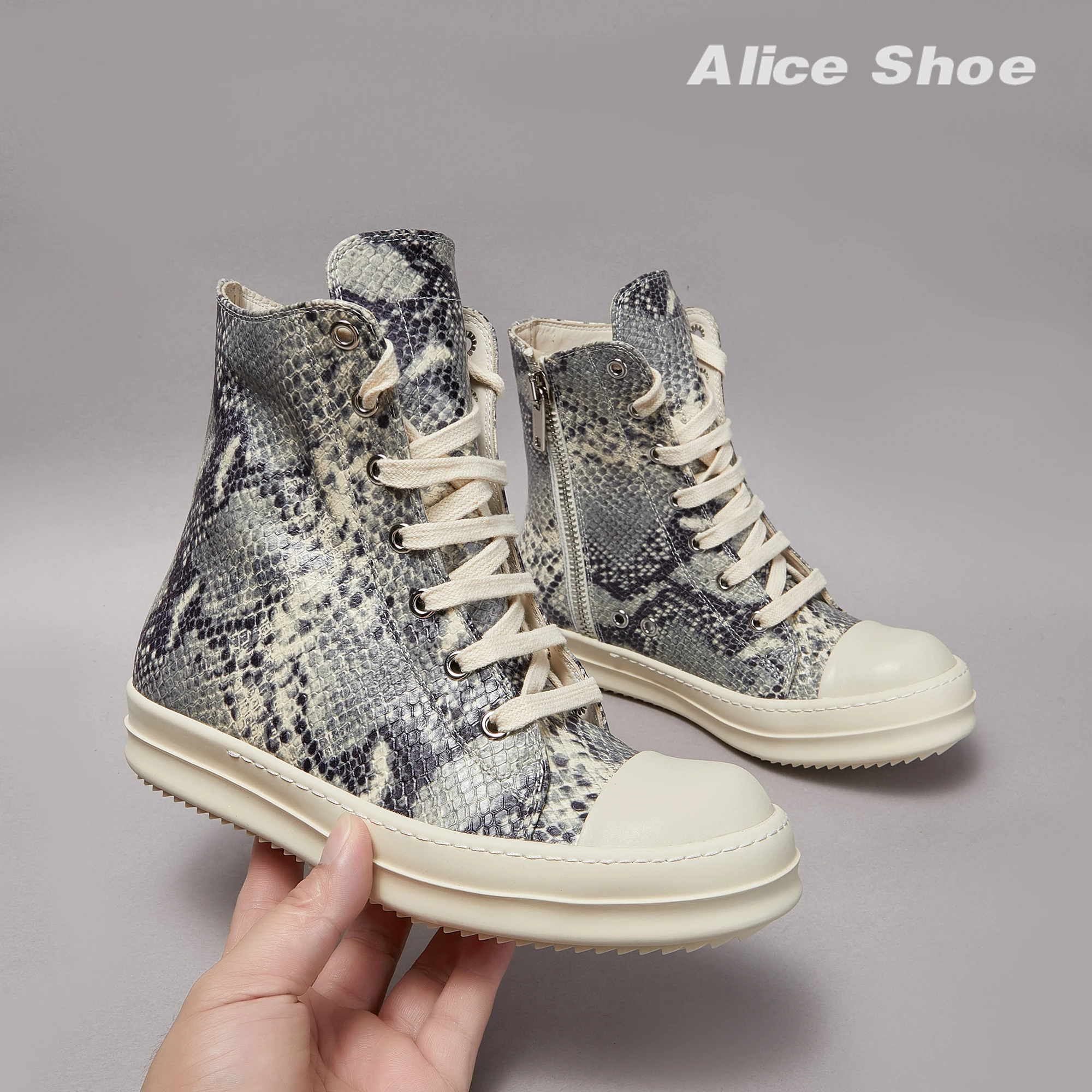 Brand Men Ankle Boot Casual Leather High Top Women Sneaker Python-Embossed Flat Luxury Dark Designer Thick-sole Grey Flat Shoe