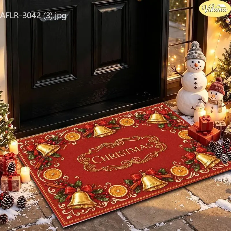 VIKAMA Red Gold Bell Orange Slice Entryway Rug Non Slip Low Profile Mats for Outside Front Door Xmas Winter Decor Soft