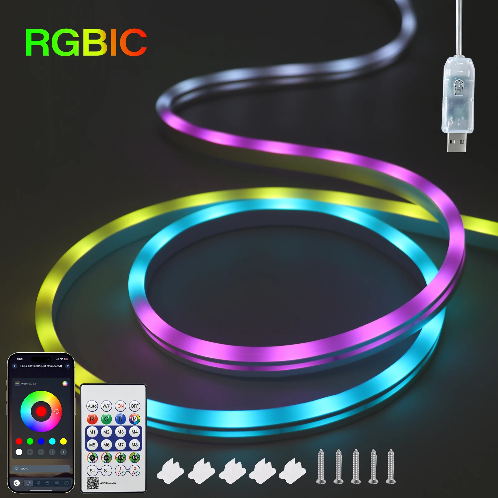 RGBIC Neon Rope Light 5V USB Waterproof IP67 Rainbow Flexible Tube with 24Key Kit RGB Dream Color Chasing Tape Room Party Decor