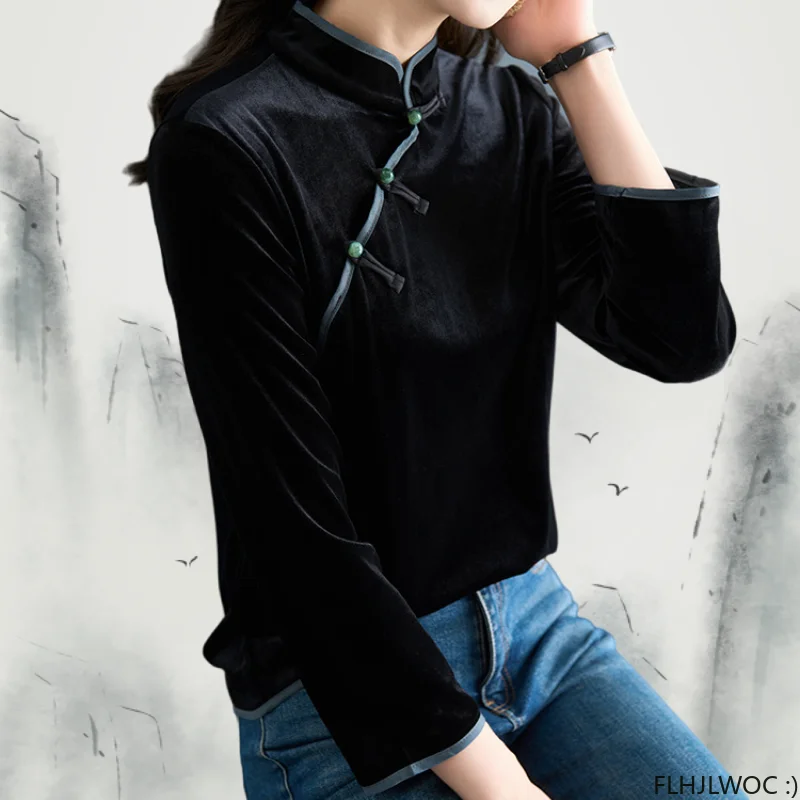 Chinese Style Chi-pao Collar Design Black Velvet Tops New Year 2024 Spring Women Date Girls Elegant Retro Shirt Blouse Vintage