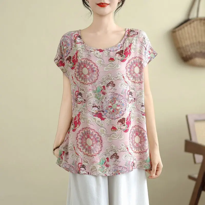 Chinese Style Print Cotton Silk T Shirt For Women Loose Round Neck Short Sleeve Blouse Casual Oversized Top For Curvy Ladies