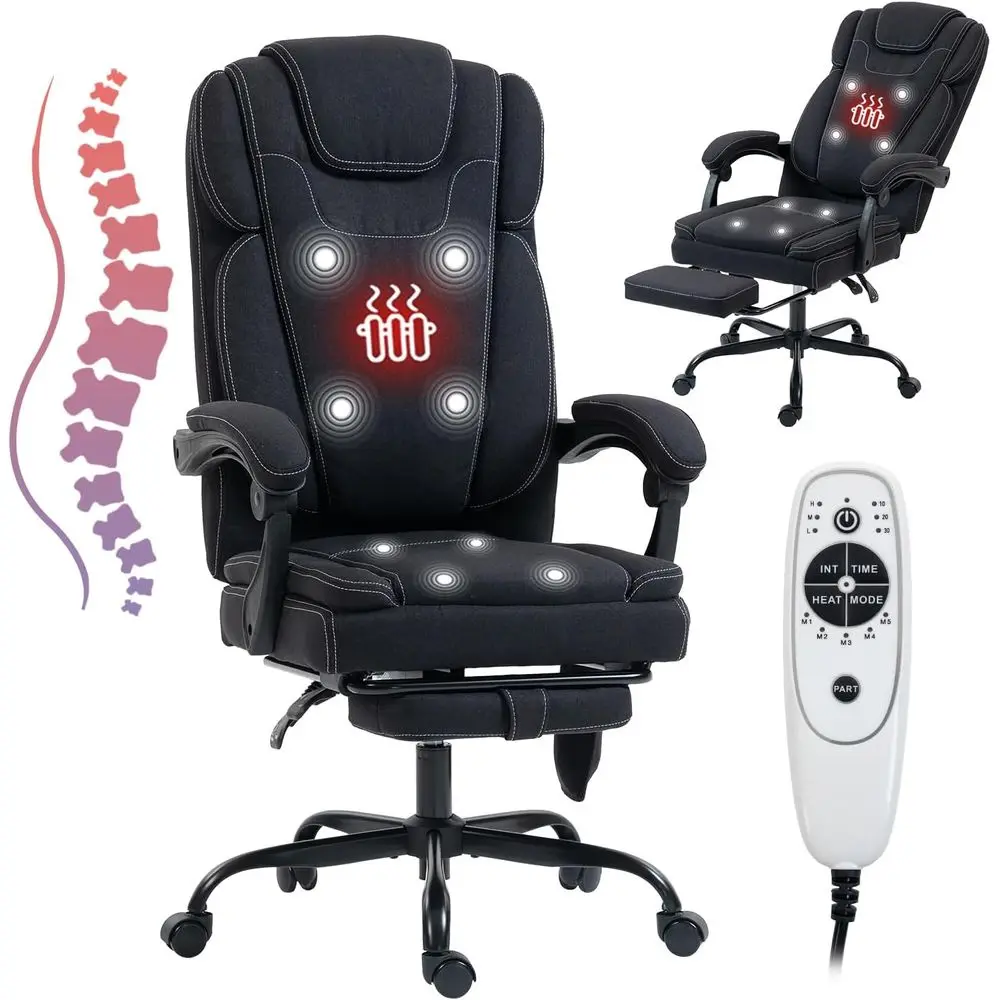 

High-Back Reclining Office Chair with Heat, Vibration, Lumbar Support, and Retractable Footrest for Home or Gaming