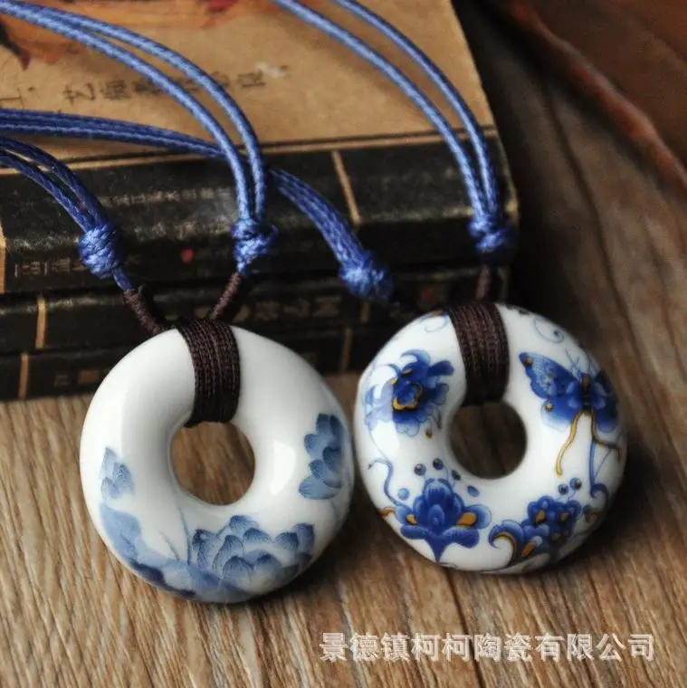 

Handmade Blue and White Porcelain Peace Buckle Necklace - Jingdezhen Retro Braided Ethnic Style Unisex Gift