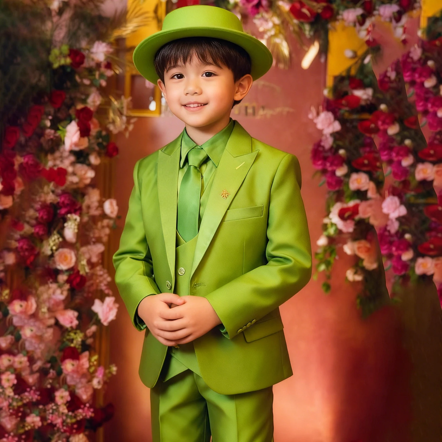 

Luxury Boy's Suits Formal Single Breasted Peak Lapel Blazer Fashion Wedding Children 3 Piece Jacket Pants Vest Outfits Costume