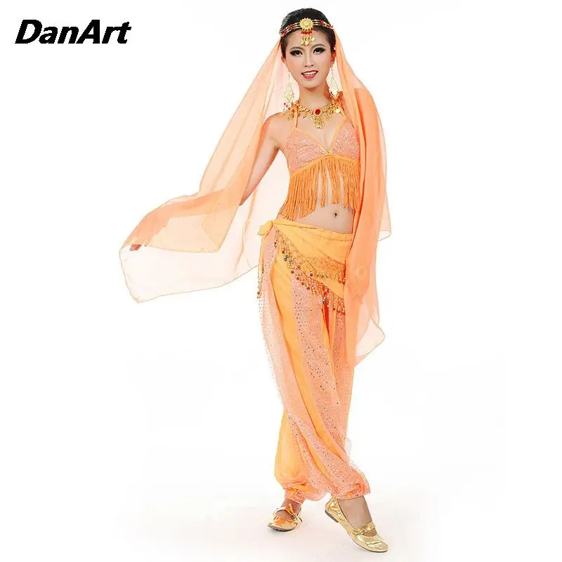 4 PCS Oriental Belly Dance Costume Girl Set Stage Professional Outfit Lady Indian Sari Women Sexy Headdress Top Pant Waist Chain