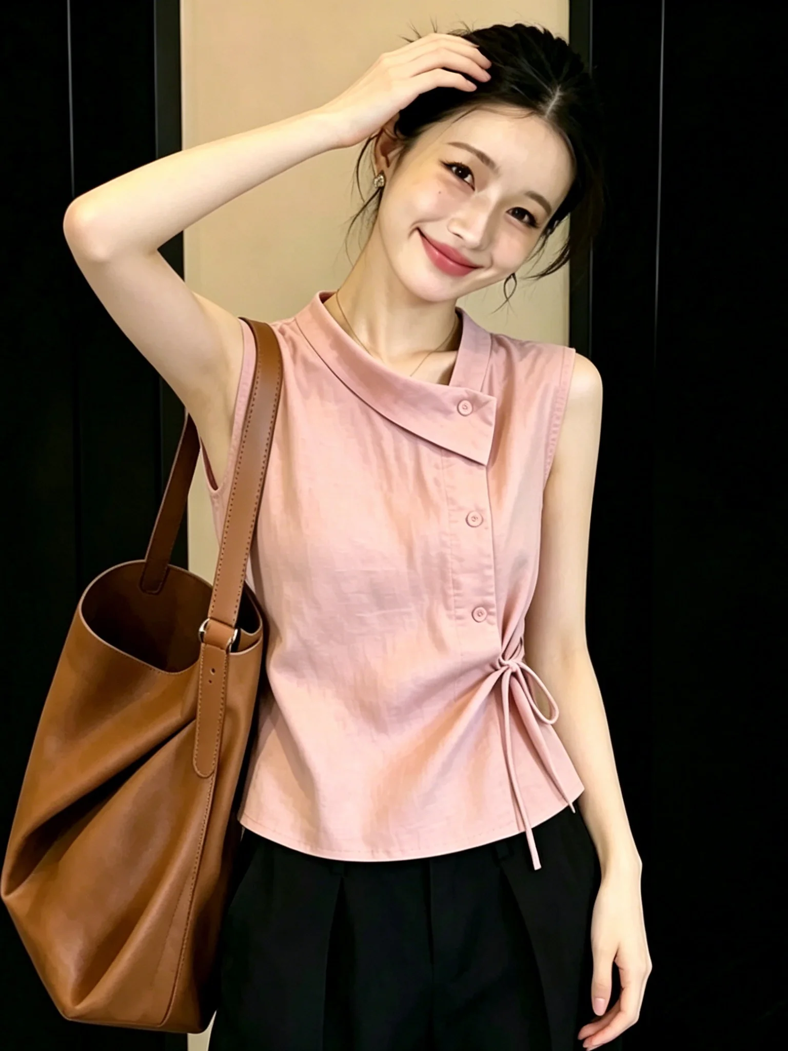 Elegant Asymmetric Collar Sleeveless Vest Shirt Women Summer Design Waist-Cinching Belt Beautiful Top French Style Blouse 4