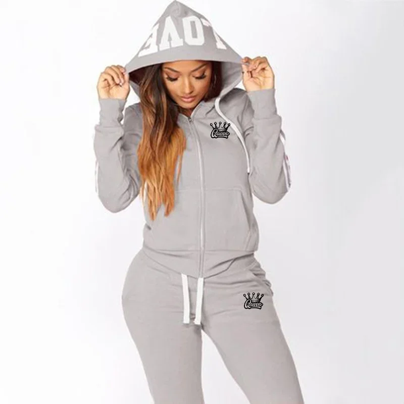 Women's Tracksuit Queen Print Casual Sport Suit Sportswear Zipper Jogging Female Hoodies+Pants Two Piece Set Female Outfits