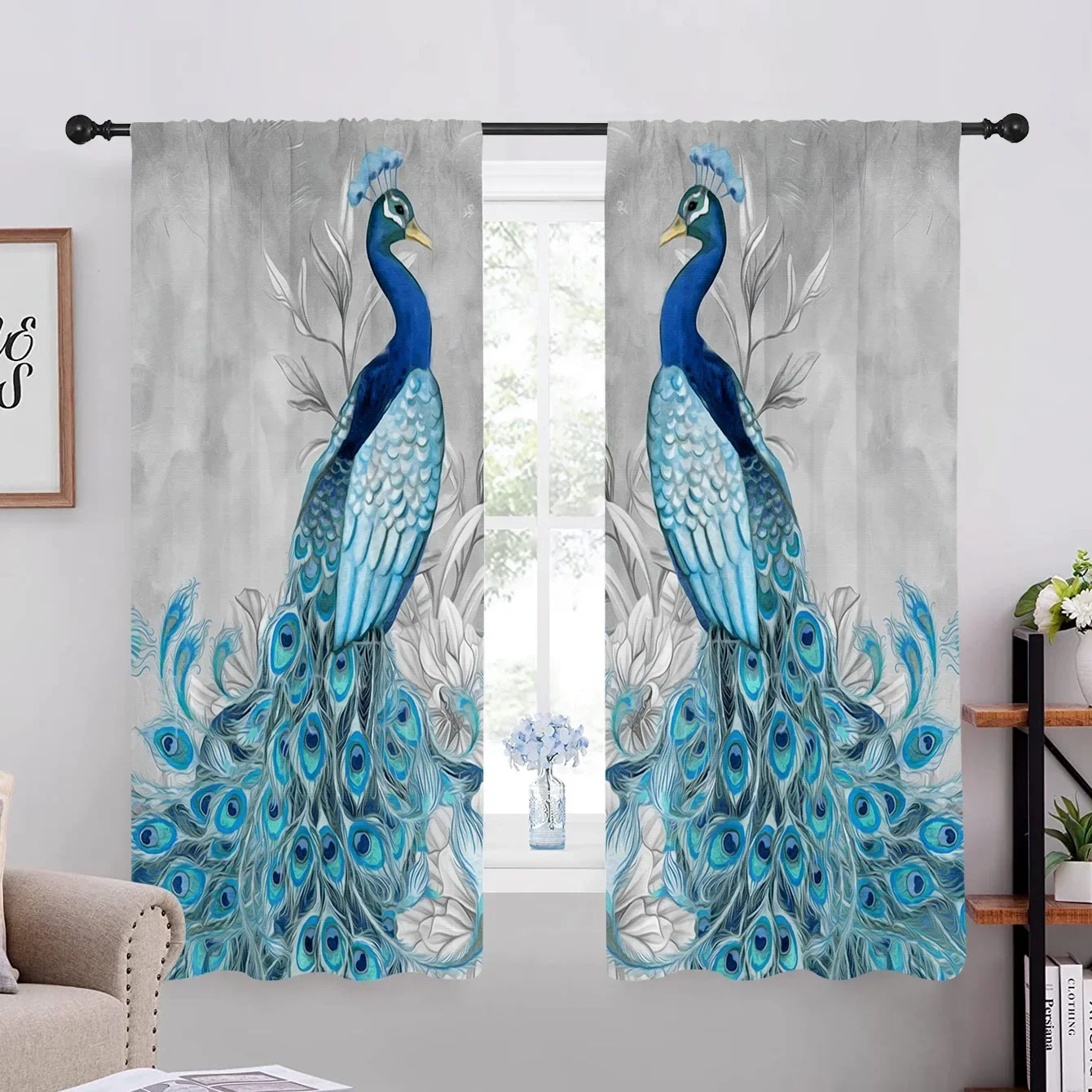 Blue Peacock With Flower Peafowl Window Curtains for Living Room Luxury Bedroom Divider Left and Right 2panel