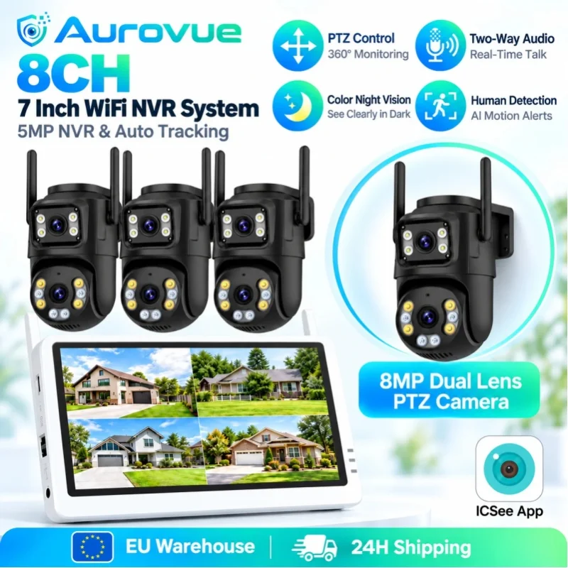 4K 8MP Dual-Lens PTZ WLAN-Sicherheitskamerasystem mit 7-Zoll-8CH-5MP-NVR, automatischer Verfolgung, Personenerkennung, Zwei-Wege-Audio, Farbnachtsicht, ICSee-App, kabelloses CCTV-Kit für die