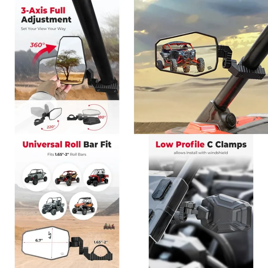 

UTV Side Mirrors, UTV Mirrors for 1.65-2 inch Roll bar Compatible with Polaris RZR, Can-Am Maverick X3, Pioneer, Talon, Teryx, Gator, CFMOTO, Multi-Adjustment Convex Mirrors