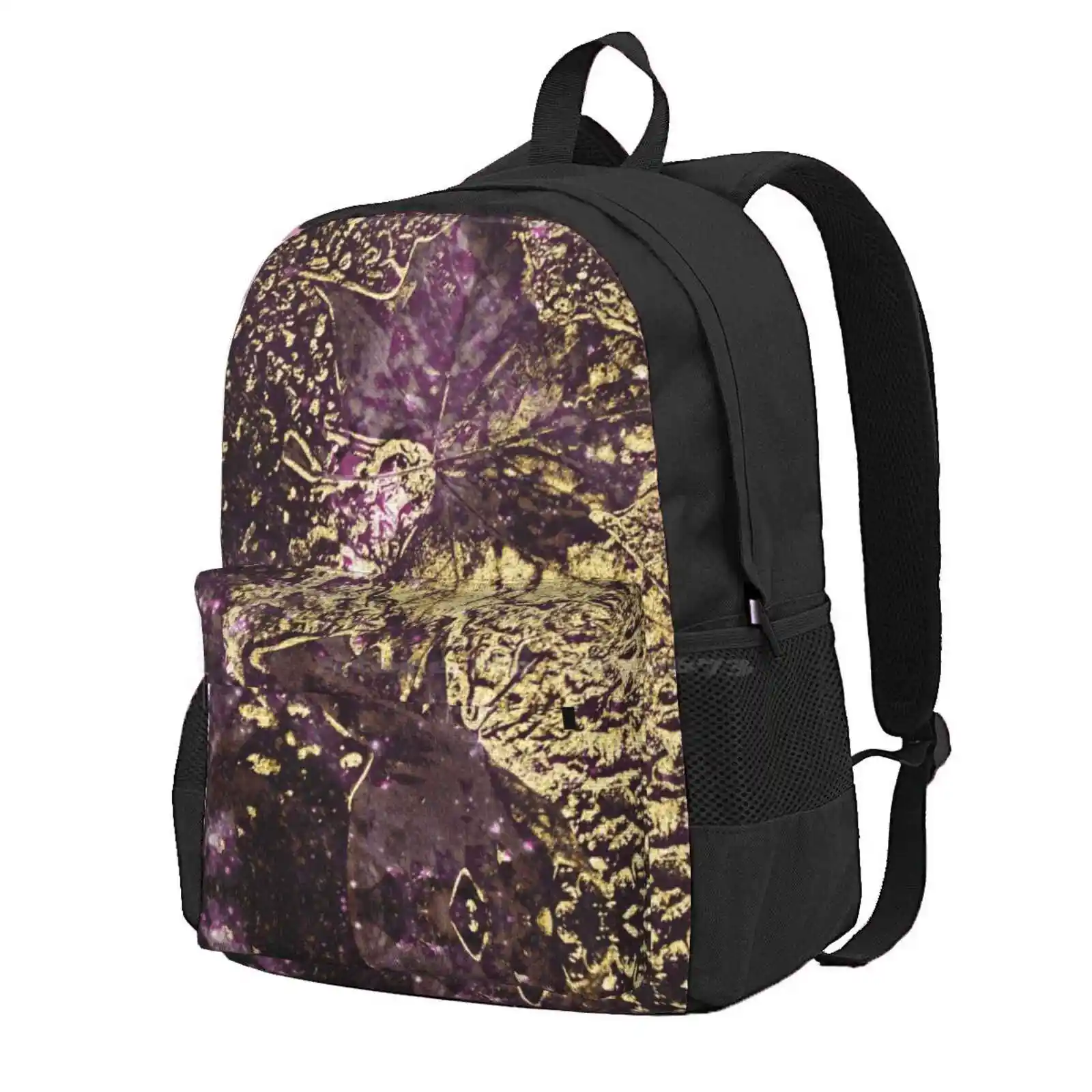 Two Purple Leaves In Melted Gold Hot Sale Schoolbag Backpack Fashion Bags Abstract Fall Autumn Dried Leaves Leaf Purple Mauve