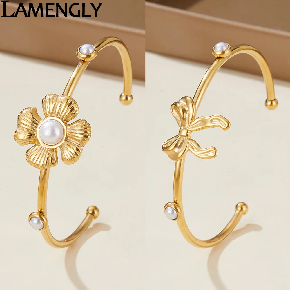 LAMENGLY 316L Stainless Steel Pearl Inlay 4-Leaf Flower Bowknot Cuff Bracelet For Women Exquisite Elegant Loop Bangle Jewelry