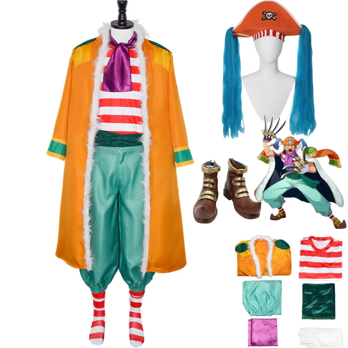 Anime Buggy Cosplay Costume Bara No Mi Chop-Chop Fruit Wig Hat Yellow Cloak Stripe T-shirt Shoes Adult Man Christmas Suit