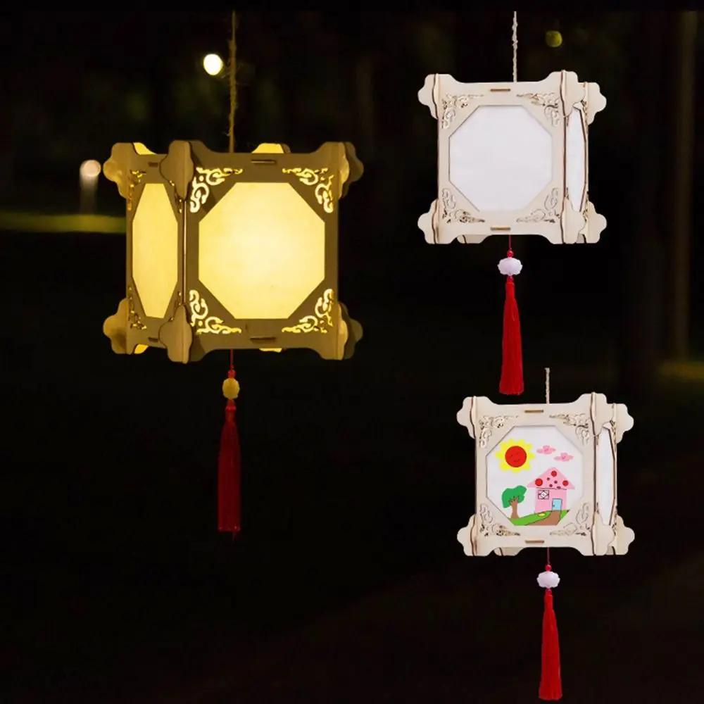 Hölzerne Mid-Autumn Festival Laterne LED-Licht Kreatives DIY Blumenlampen-Materialset Handgemachte Hängelampe zum Zeichnen Geschenk für Kinder