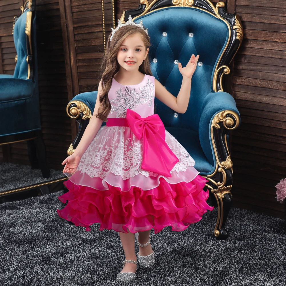 Girl Rose Bow Princess Dress  For Kids  3 To 12Year For Birthday Parties For Piano Performances Child Clothing