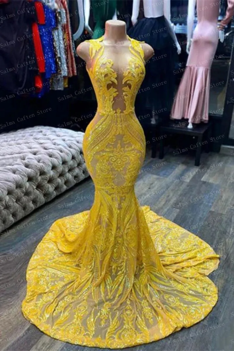 Luxuies See Through O-neck Sequins Mermaid Dress Appliques Sparkly Ever Pretty Lace Evening Dresses Golden Women Clothing