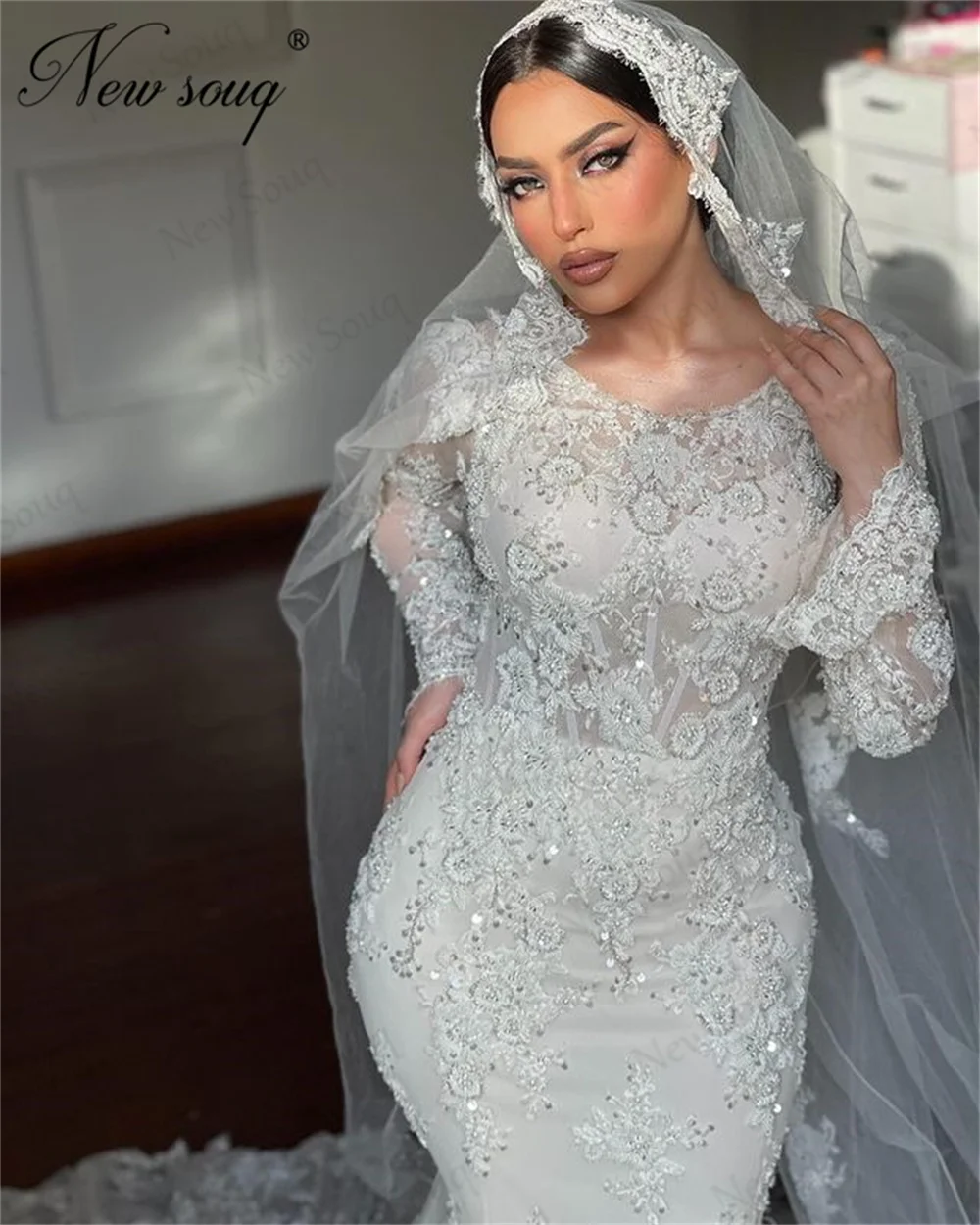 Robe de Mariée Sirène Blanche à Manches sulf, Tenue Musulmane Élégante avec Perles et Appliques, pour Patients