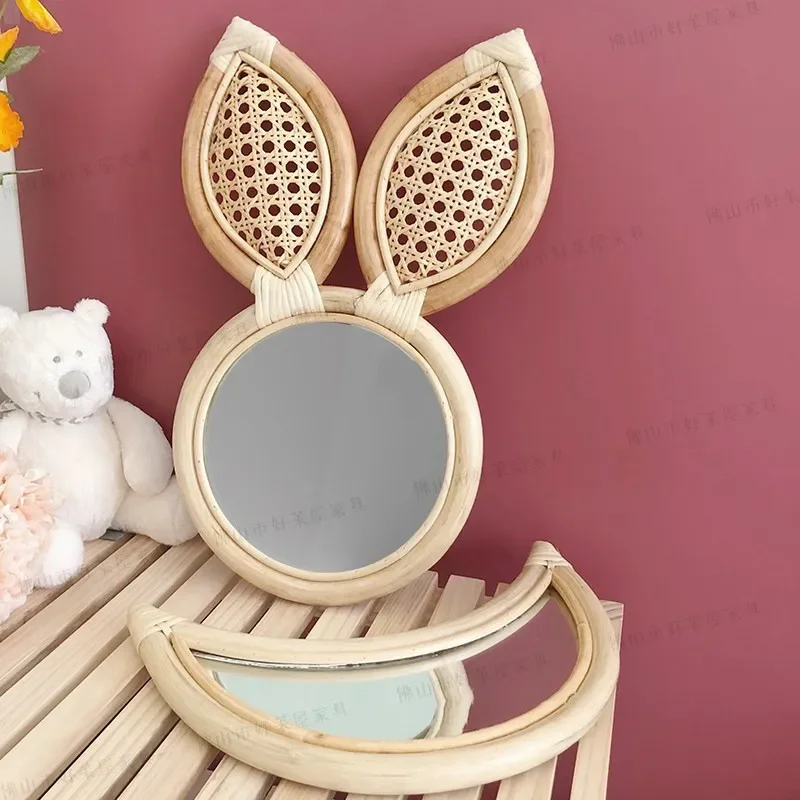 Handmade Moon Mirror with Rabbit and Bear Rattan Design Simple Entrance Decorative Mirror Ins Style Eye Art Wall Decor