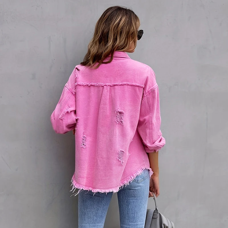 2024 New Casual Women's Wear Solid Color Perforated Long sleeved Denim Coat Jacket Women's Fashion Personality Street Trend Coat