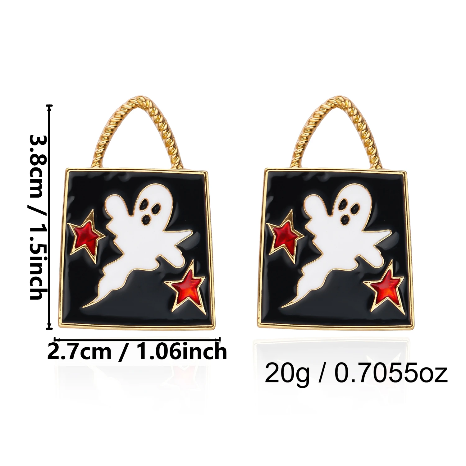 Asymmetrische Kürbis-Geister-Ohrstecker für Damen, Halloween-Emaille-Geister-Einkaufstaschen-Form-Hängeohrringe, Festival-Cosplay-Schmuck – Detail 9