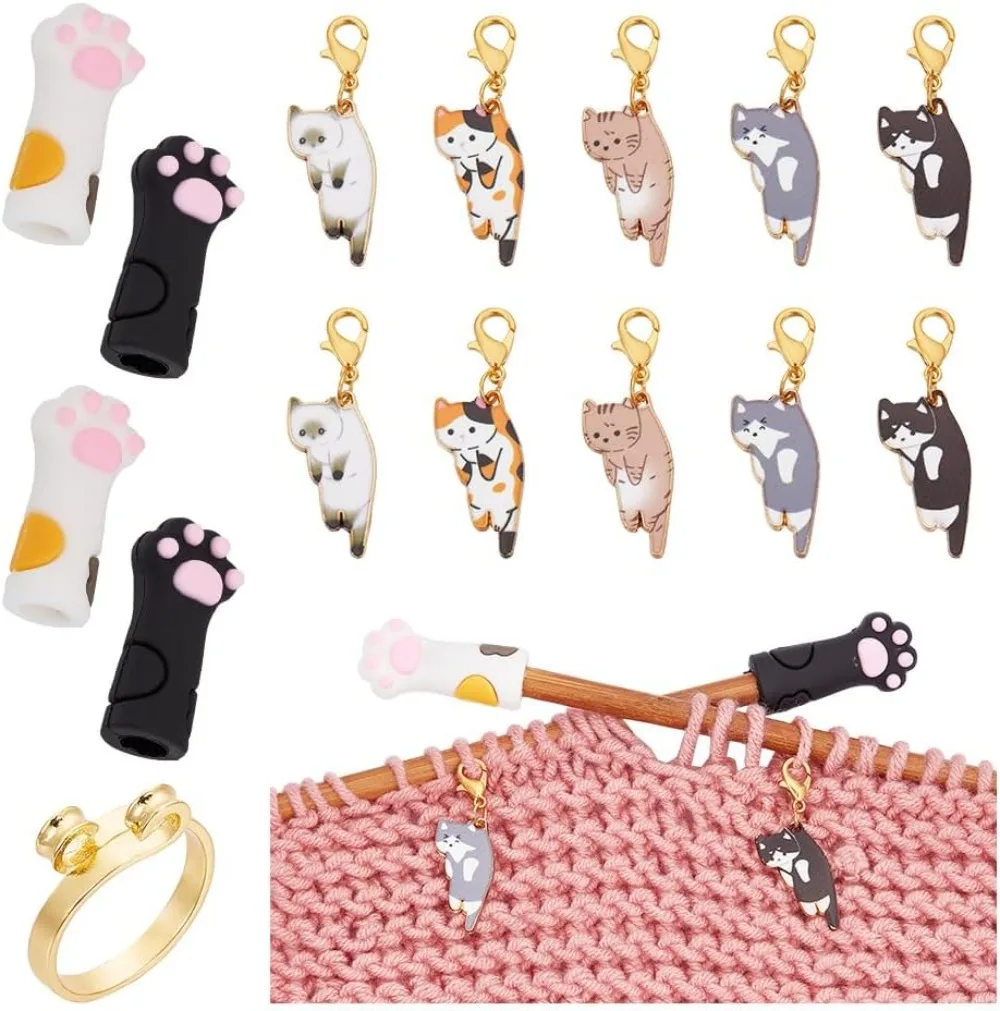 19 Pcs Knitting Accessories Kit Including 10 Pcs DIY Cat Locking Stitch Markers 8 Pcs Paw Print Knitting Needle making kit