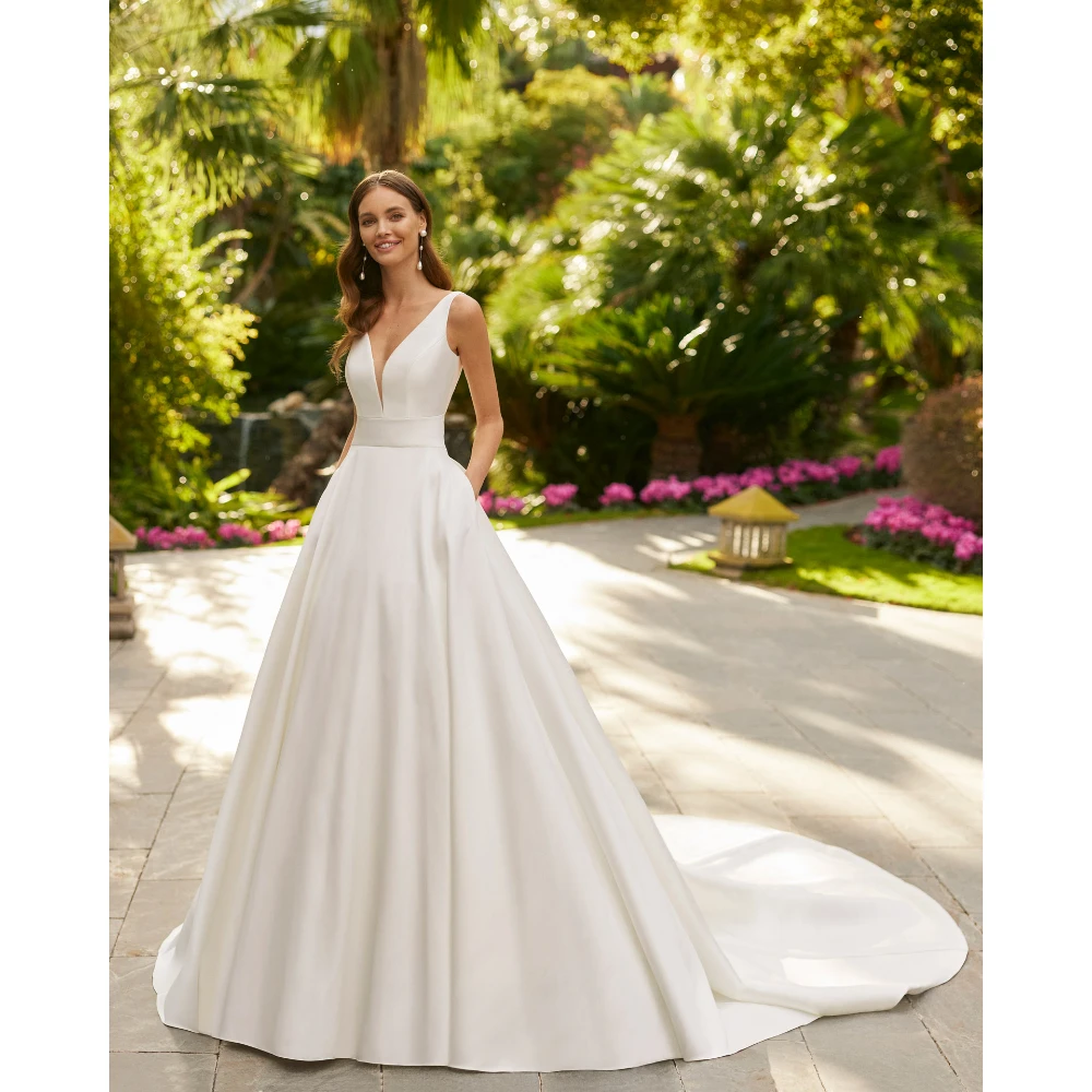 Elegante simples vestido de casamento personalizado com decote em v cetim a linha varredura trem vestido de noiva com bolsos arco vestidos de novia