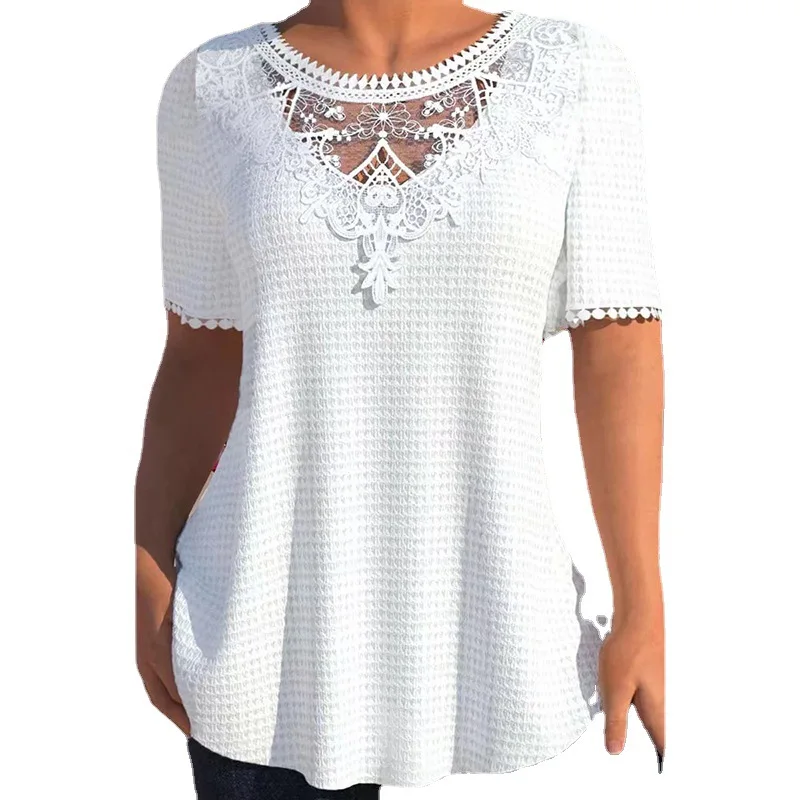 تي شيرت نسائي صيفي 2023 للتنقل مفرغ فضفاض ort Sve round Ne Top Faionable عابر متجدد الهواء كاجوال تي شيرت #4