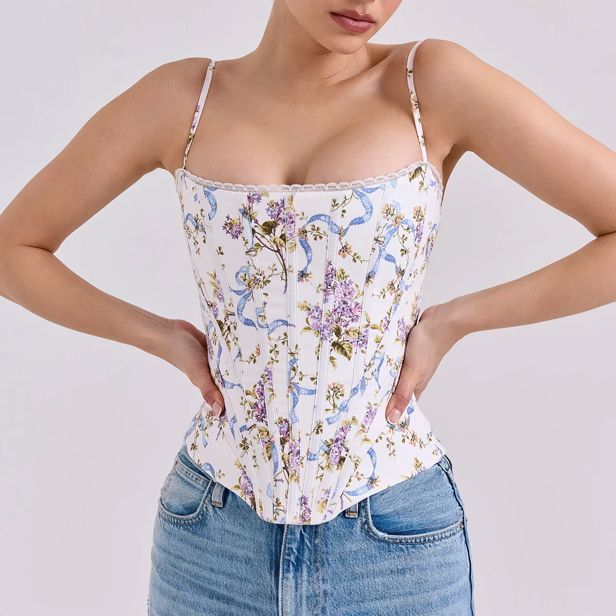 

Printed Tops Women Drawstring Corset Crop Top Sexy Sleeveless Vest 2025 Summer Fashion Slim Fit Shapping Bustier Halter Camisole
