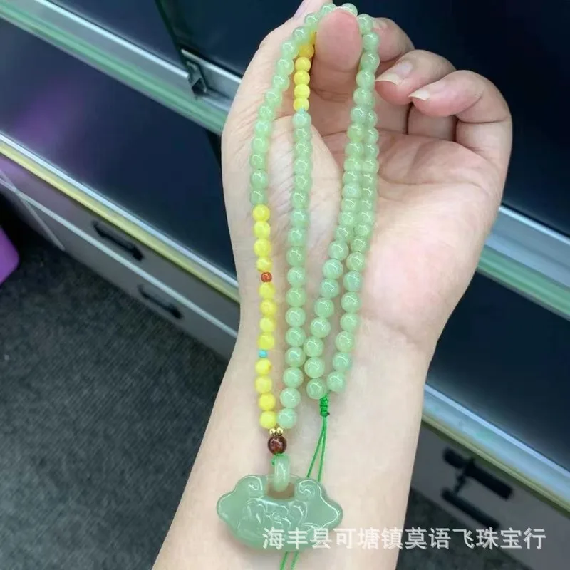 Natural Hetian Jade Peace Lock Pendant Necklace Paired With South Red Amber, Delicate And Smooth