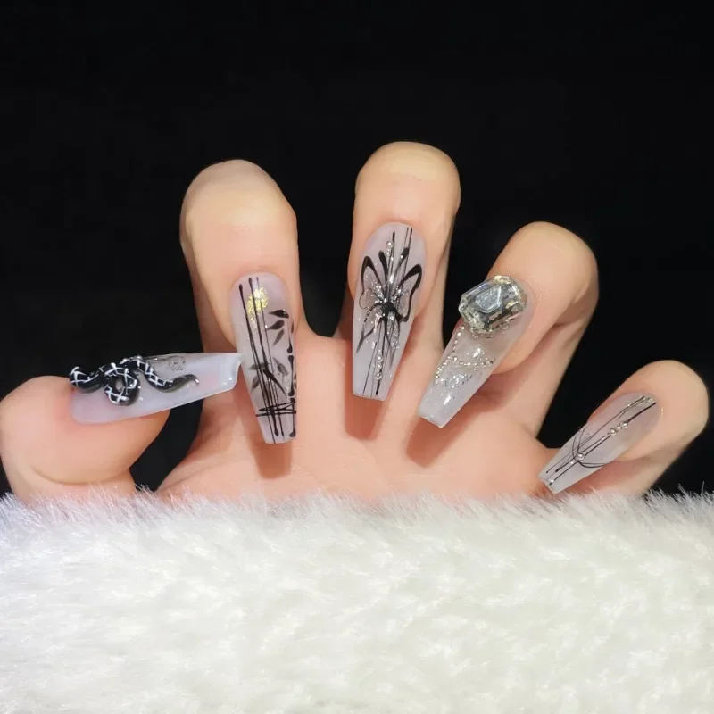 Handgemaakte Pers Op Nagels Lange Vlinder Slang Zwarte Nep Nagels Vintage Chinese Stijl Handgeschilderde Valse Nagels Met Doos En Gereedschap